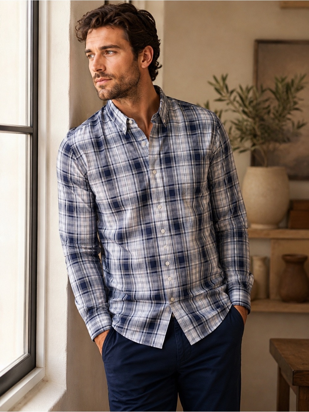 Michael Kors Men’s Large Plaid 100% Cotton Button Down Shirt Blue White